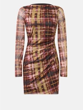 Long-Sleeve Ruched Bodycon Dress in Brown and Pink Plaid